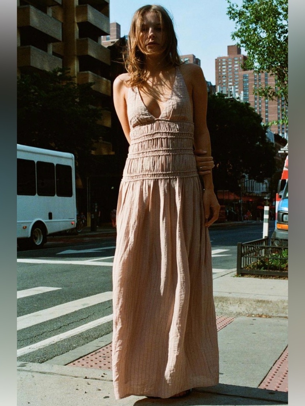 Zara Textured Midi Dress in a beige. size Small